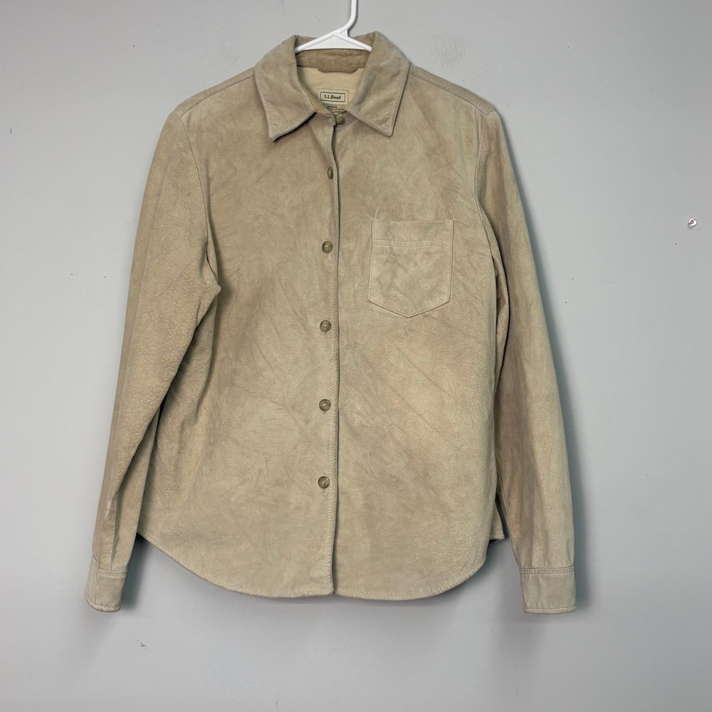 Vtg LL Bean Womens Medium Tan Suede Leather Button Down Shirt Jacket Collared